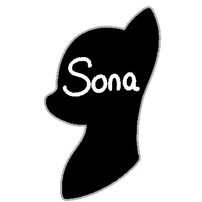 silhouette of a my little pony bust with the word 'sona' written on the head in white. it has a light grey outline.